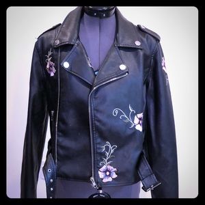 Faux Leather Embroidered Black Moto Jacket